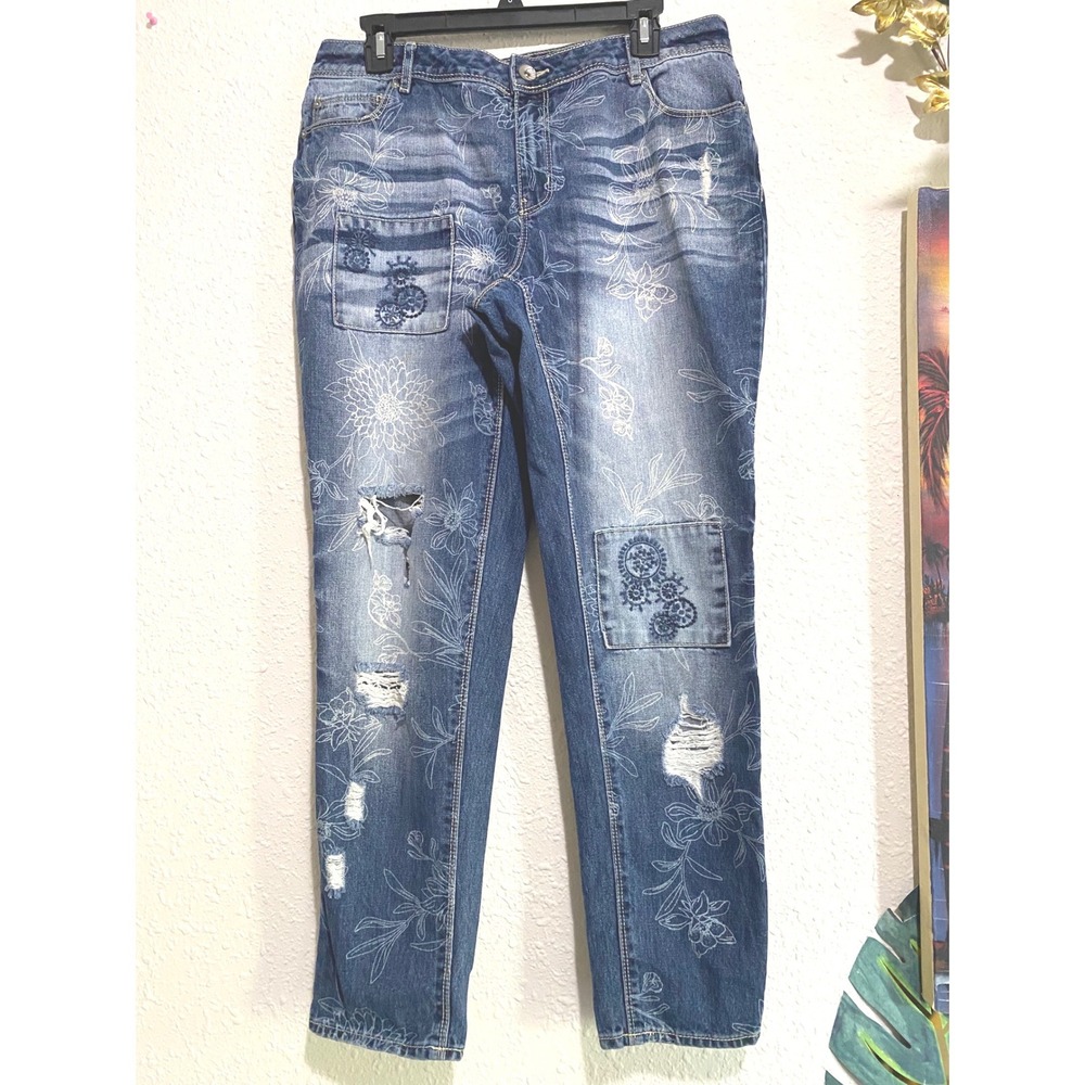 Contemporary Floral Embroidered Distressed Straight Leg Jeans Blue Denim 12 wash